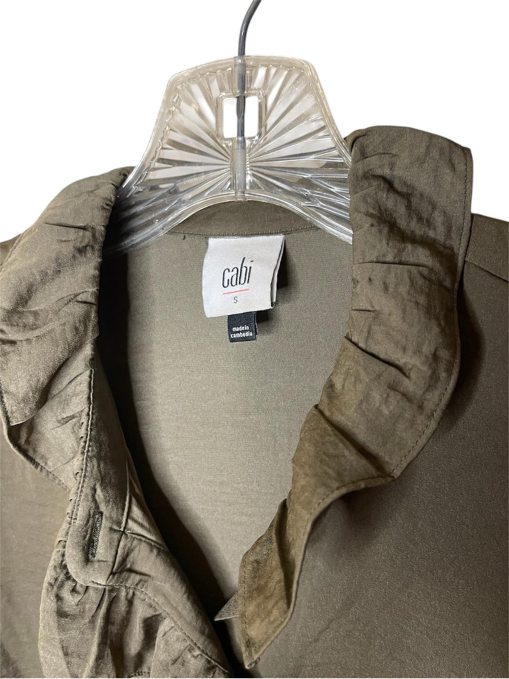CAbi Icon Olive Ruffle-Neck Blouse Sz S - Picture 4 of 6